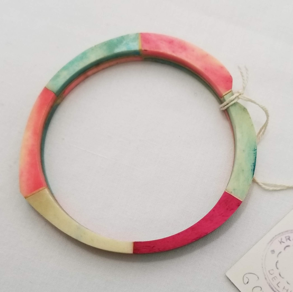 Handcrafted Carved Bone Bangle Pink Aqua Cream